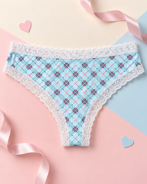 Cheekmate by JAXIE pastel blue pink plaid briefs back flat lay with white scalloped lace