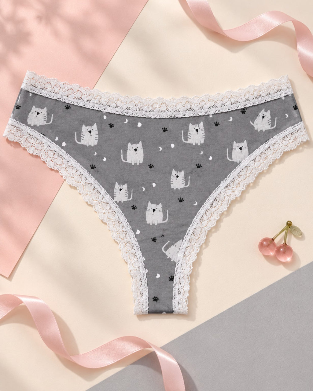 Purr by JAXIE grey cat print briefs back flat-lay with white scalloped lace